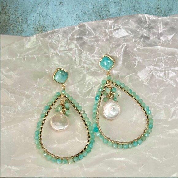 NEW Statement Chandelier Earrings Beaded Natural Amazonite Fresh Water Pearl 18K - Picture 6 of 12
